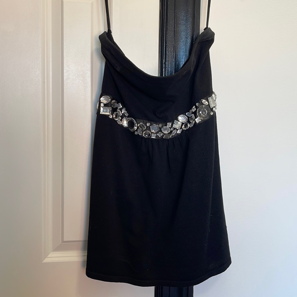 Black strapless jeweled top